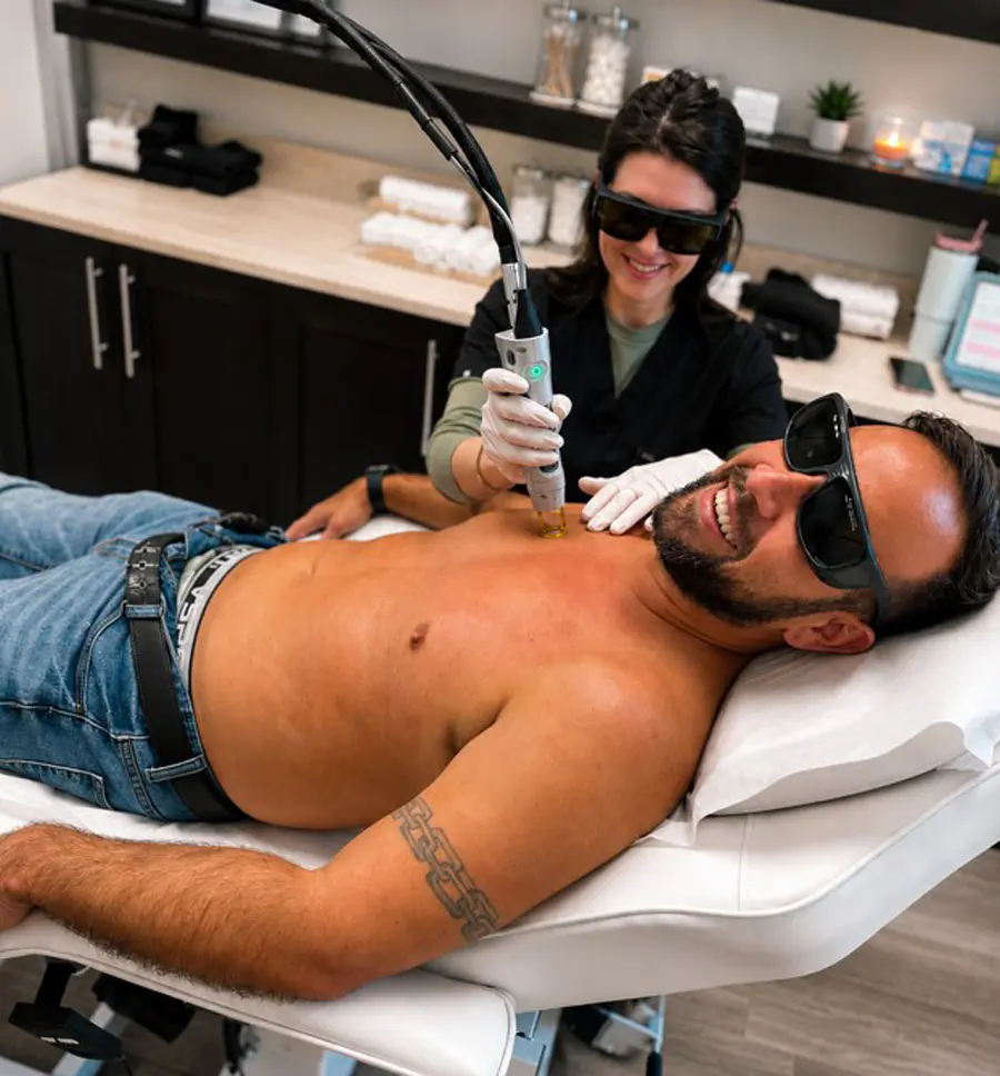 Provider performing laser hair removal on a male patient’s chest at Refresh - Aesthetics & Wellness in Florida